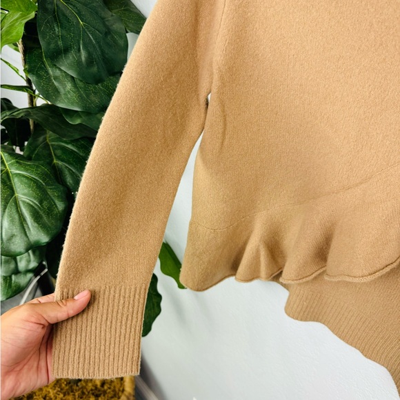 J. Crew Ruffle Crewneck Sweater 100% Merino Boiled Wool Brown Tan - Picture 5 of 9